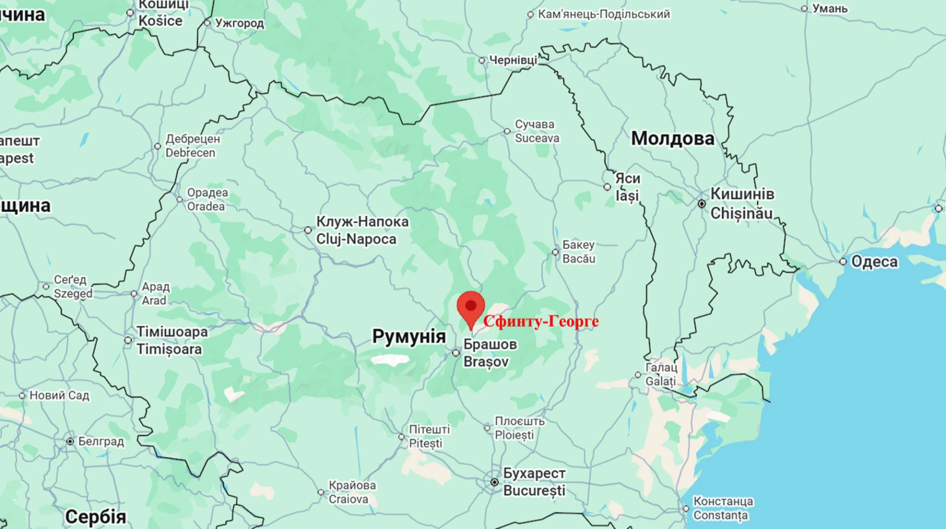 Розташування Сфанту-Георге на мапі дельти Дунаю