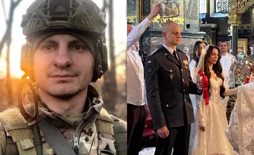 Євген Карась у військовій формі та Катерина Шведенко у білій мереживній сукні з фатою під час вінчання.